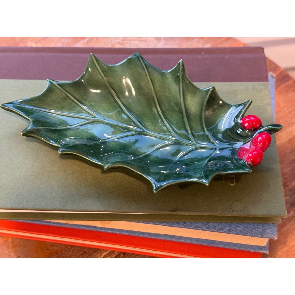 Vintage Holland Mold Ceramic Holly Leaf Dish Green Red Berries Christmas Decor